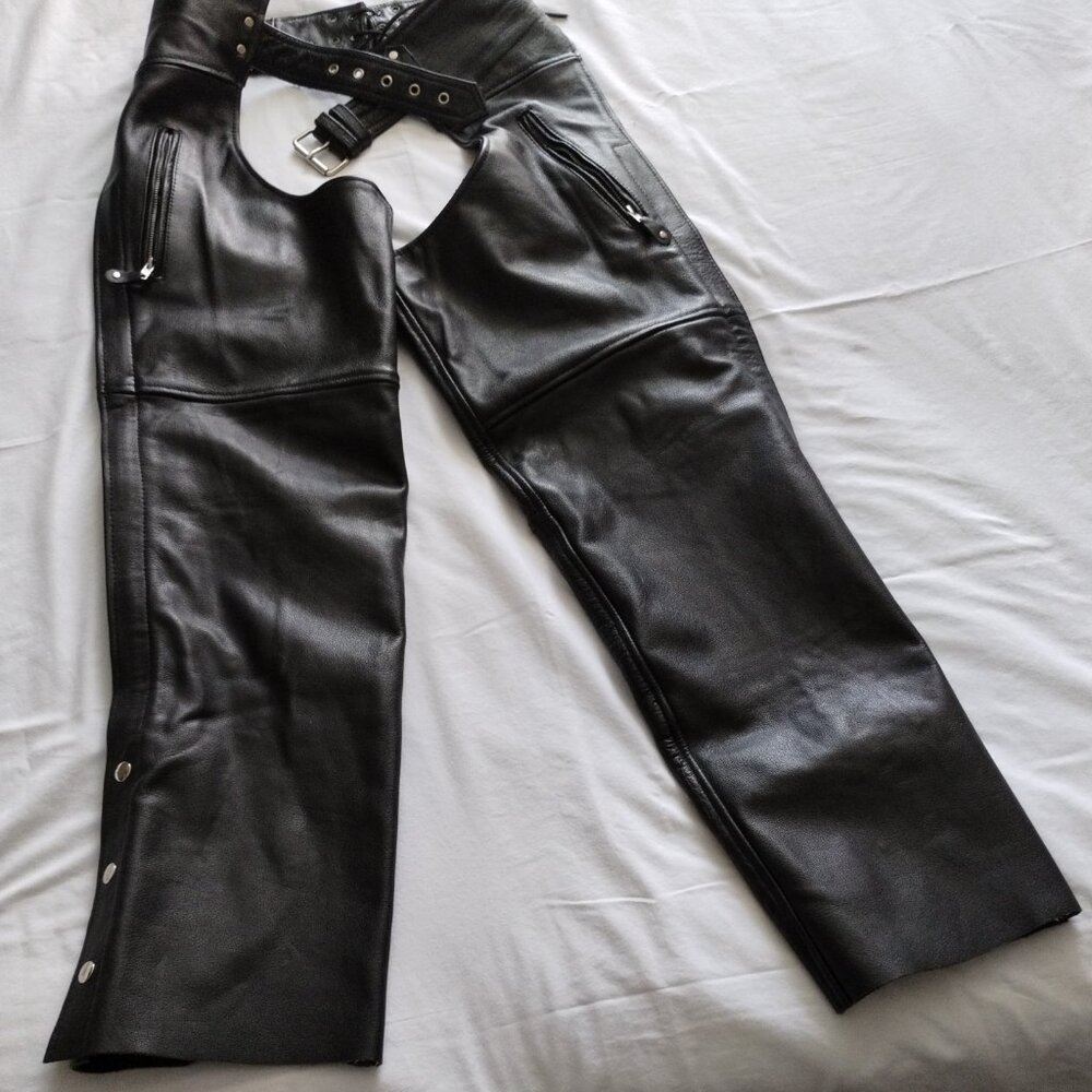 LEATHER KING Black Leather MOTORCYCLE CHAPS Size LARGE